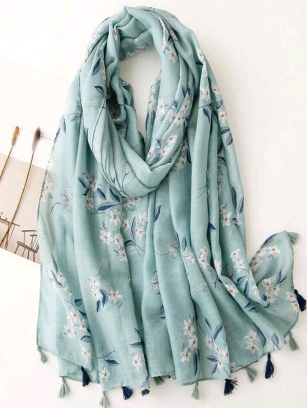 Floral Tassel Long Lightweight Scarf in Mint Green